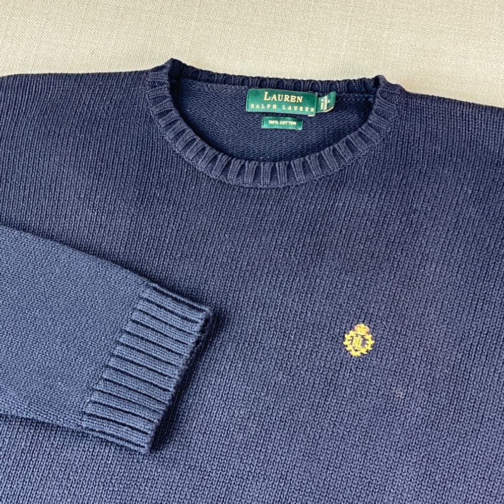 Lauren Ralph Lauren Sweater Womens Large Navy Blue Embroidered‎ Crest Cotton Y2K